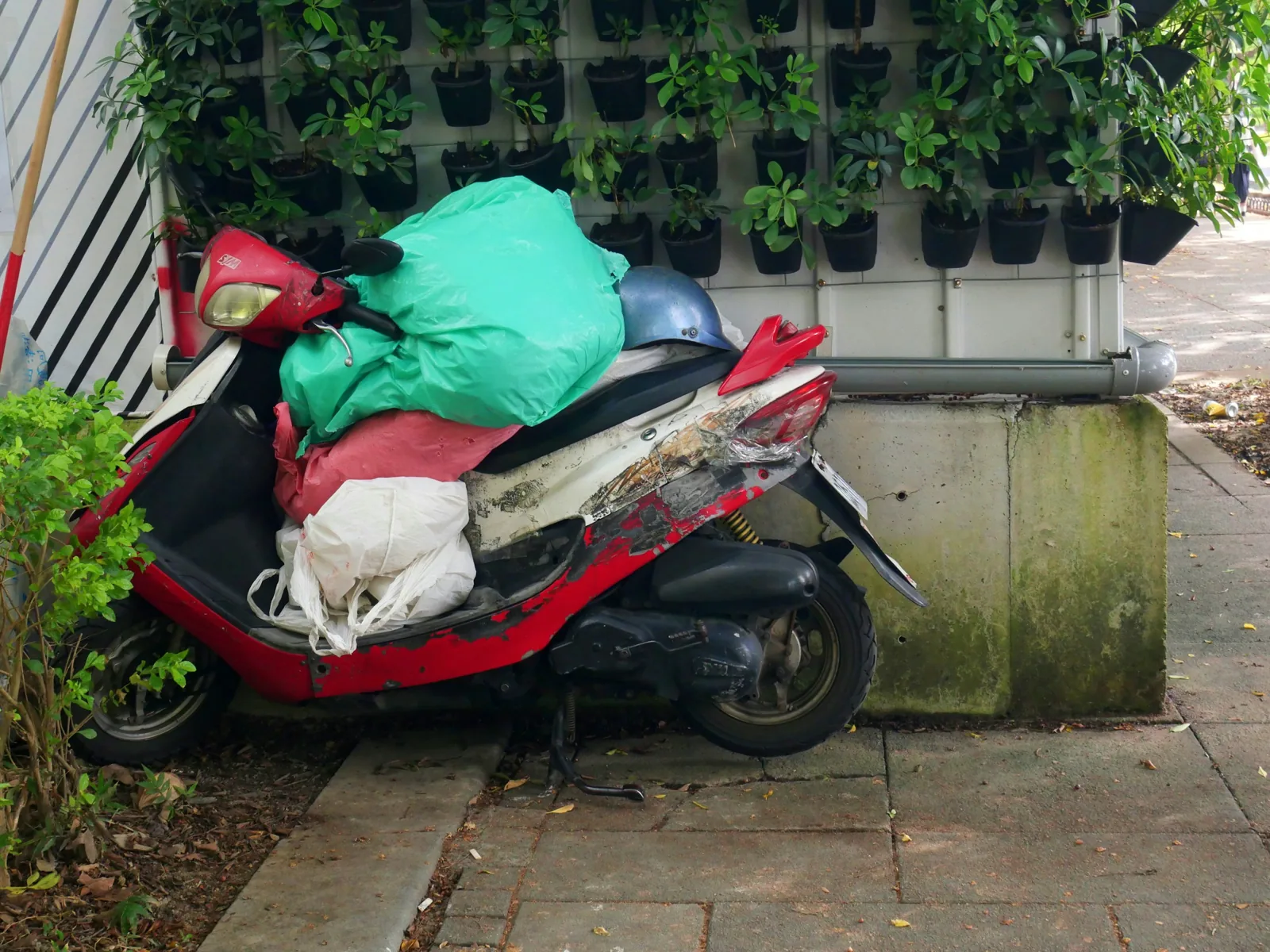 人行道旁一台車殼斑駁脫漆的紅白色機車，座墊和腳踏板堆滿塑膠袋與安全帽，後方是一面植栽牆